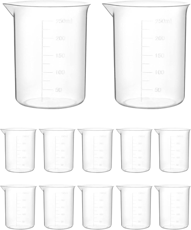 QWORK Plastic Beakers, 250ml, 12 Pieces, Polypropylene, Raised Graduations, Tapered Spout - Image 1